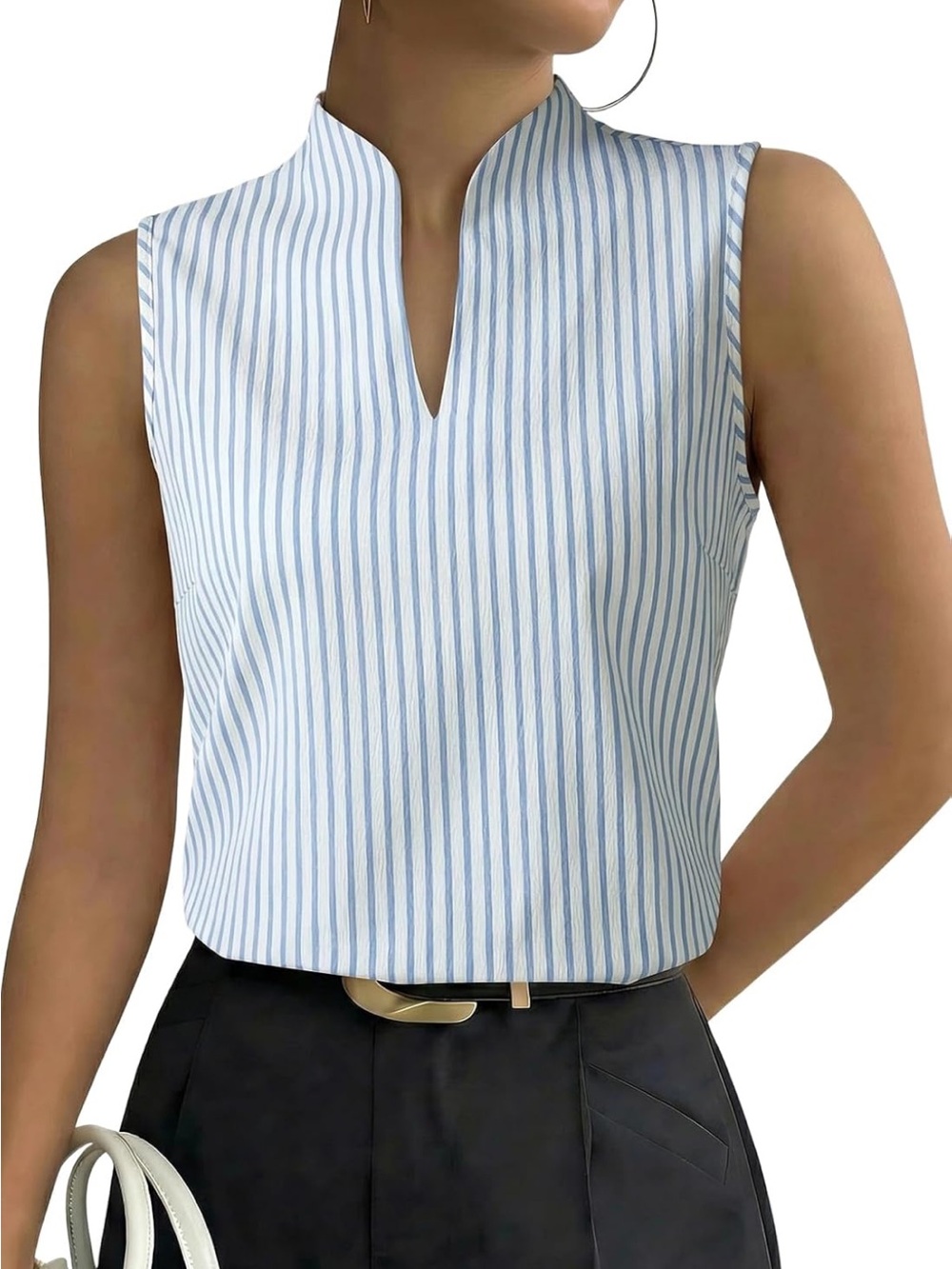 NWT EVALESS Sleeveless Blue & White Striped Notch Neck Top